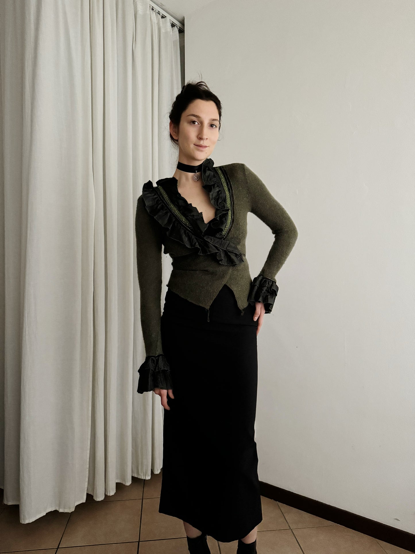 Cardigan verde con rouches S