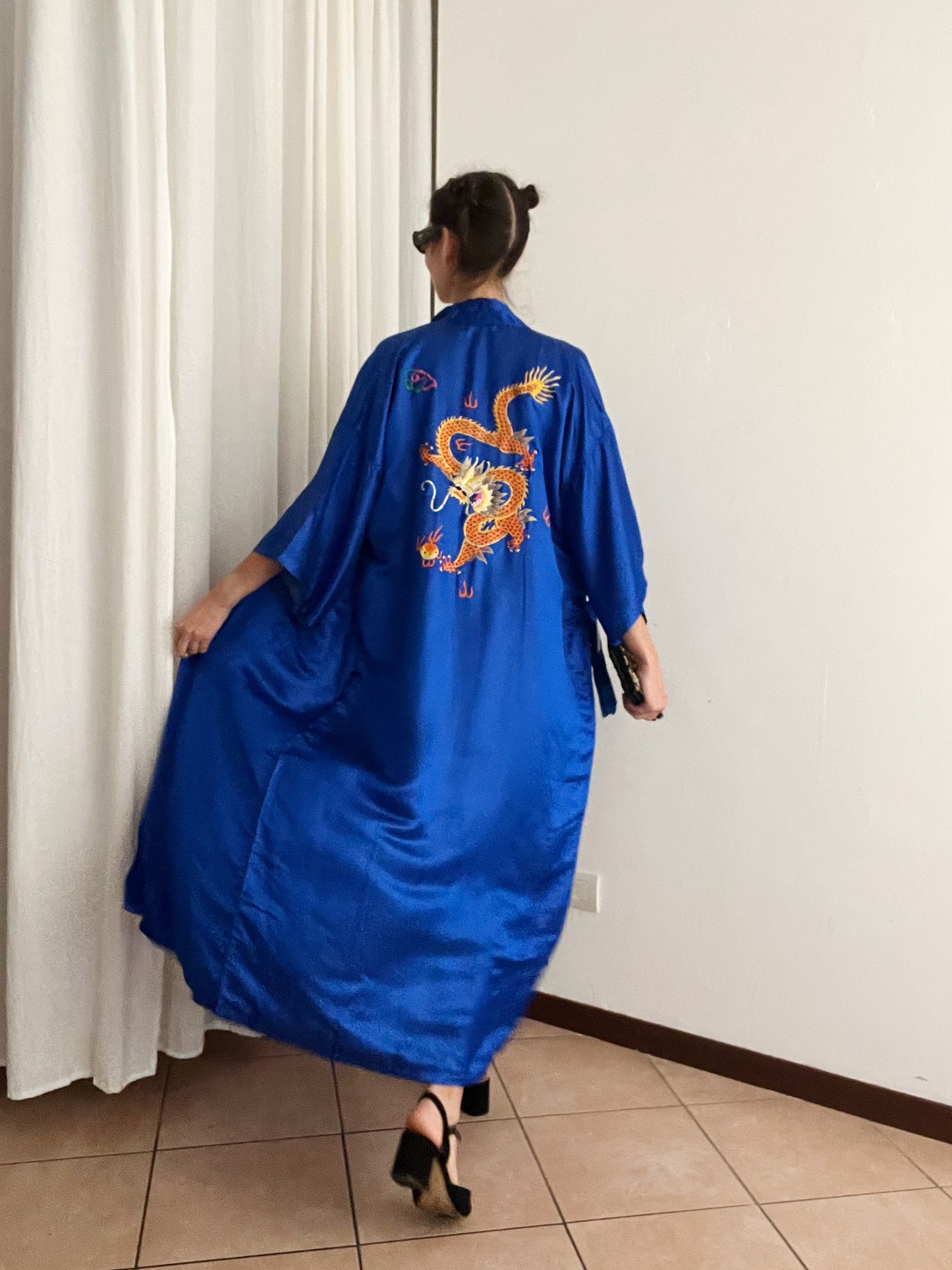 Kimono nuovo seta cinese blu L