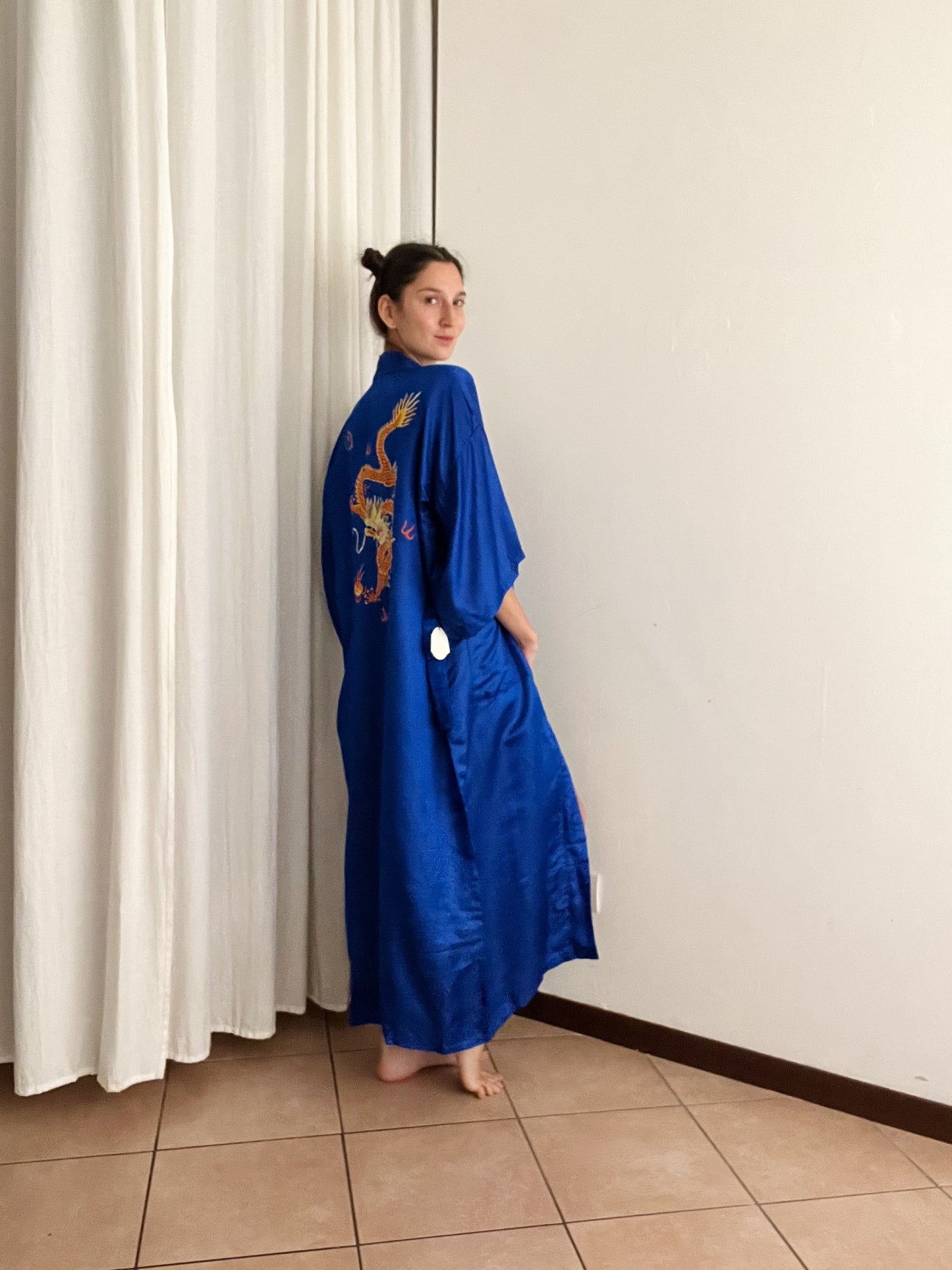 Kimono nuovo seta cinese blu L