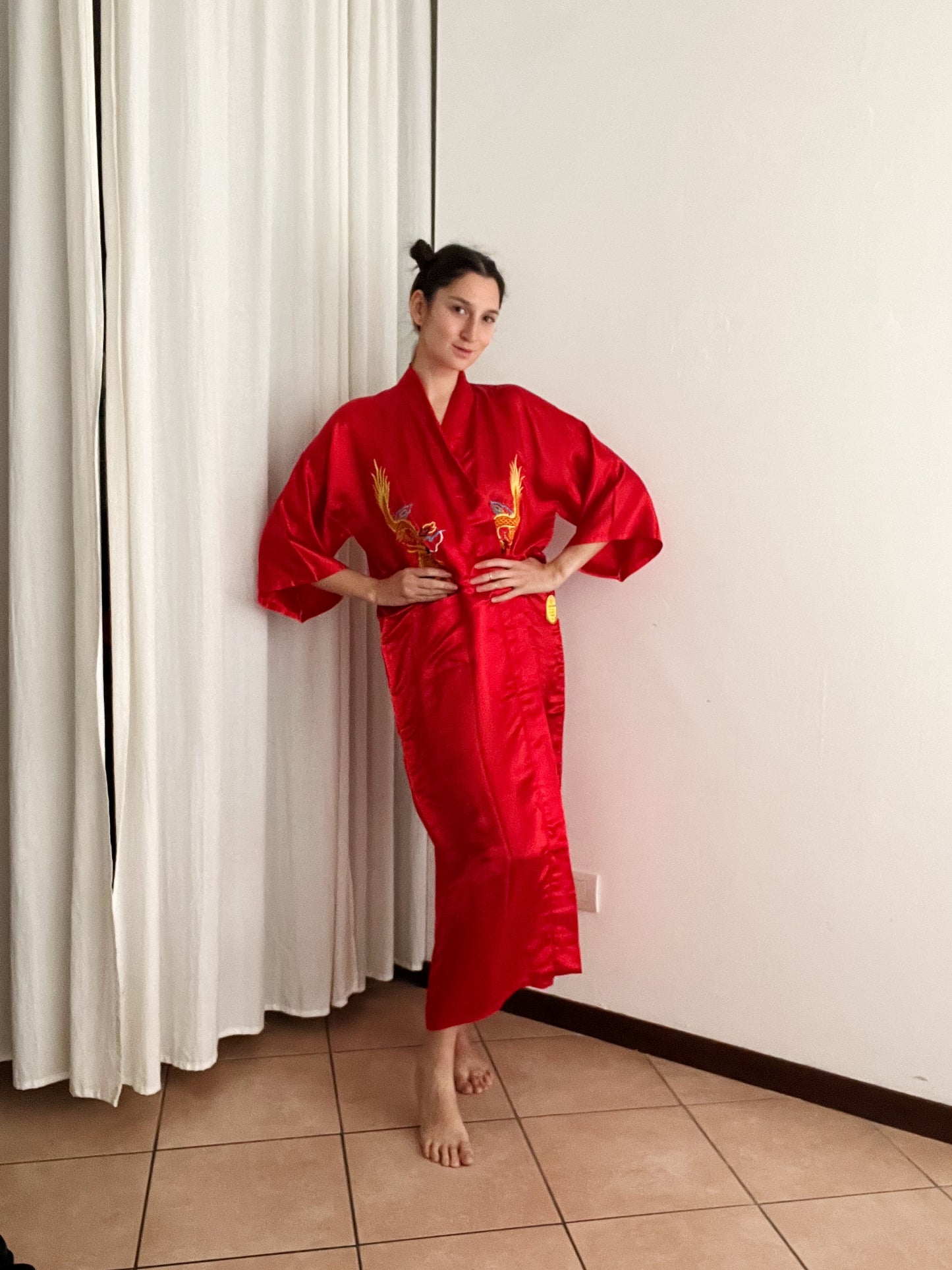 Kimono nuovo seta cinese rosso L