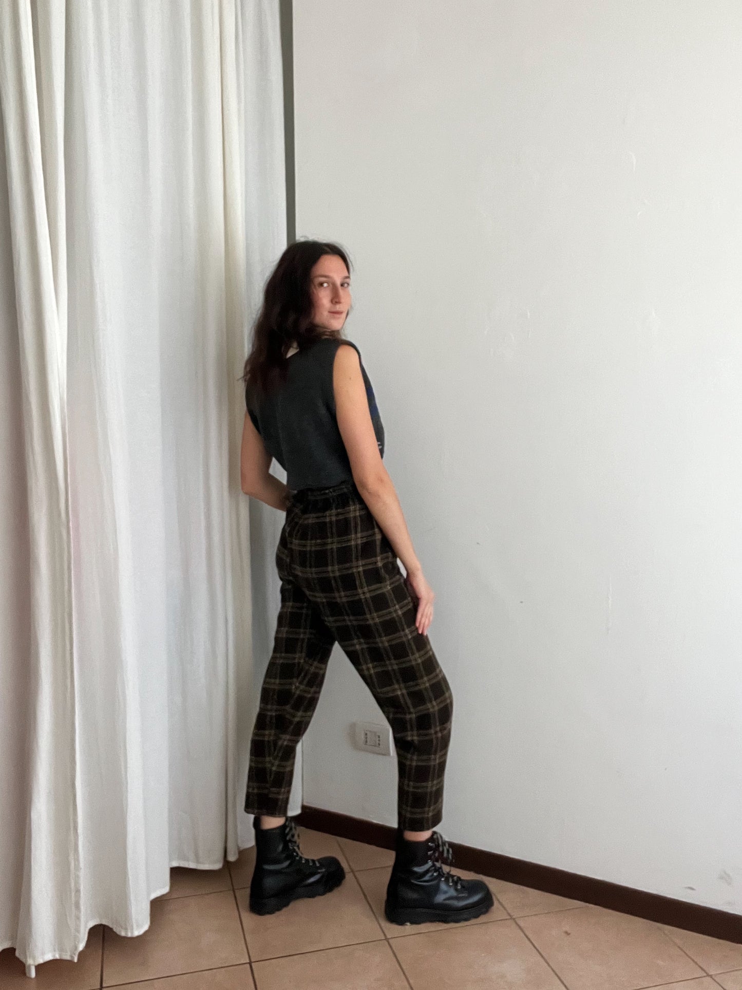 Pantaloni nuovi lana tartan marroni S
