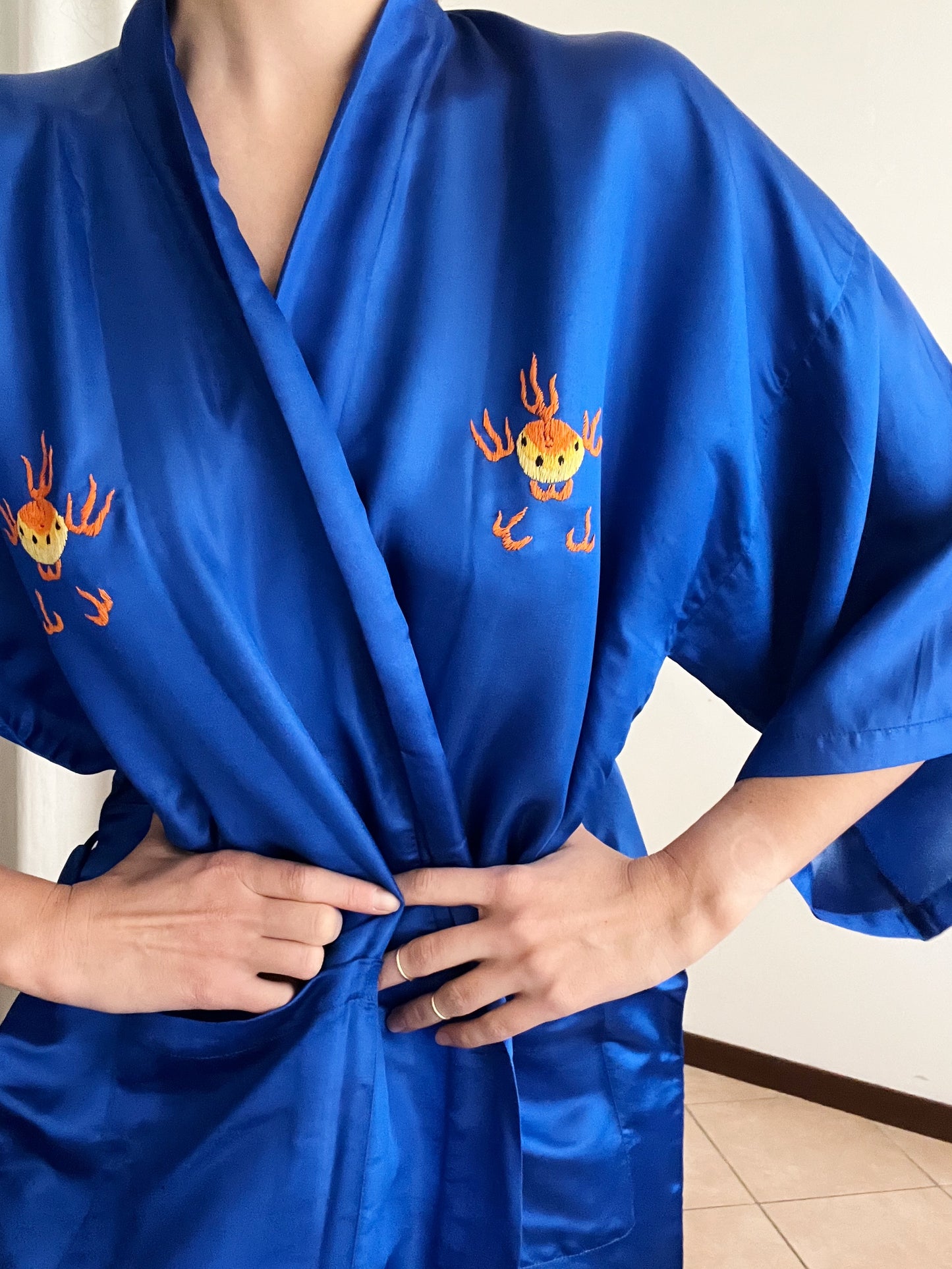 Kimono nuovo seta cinese blu L