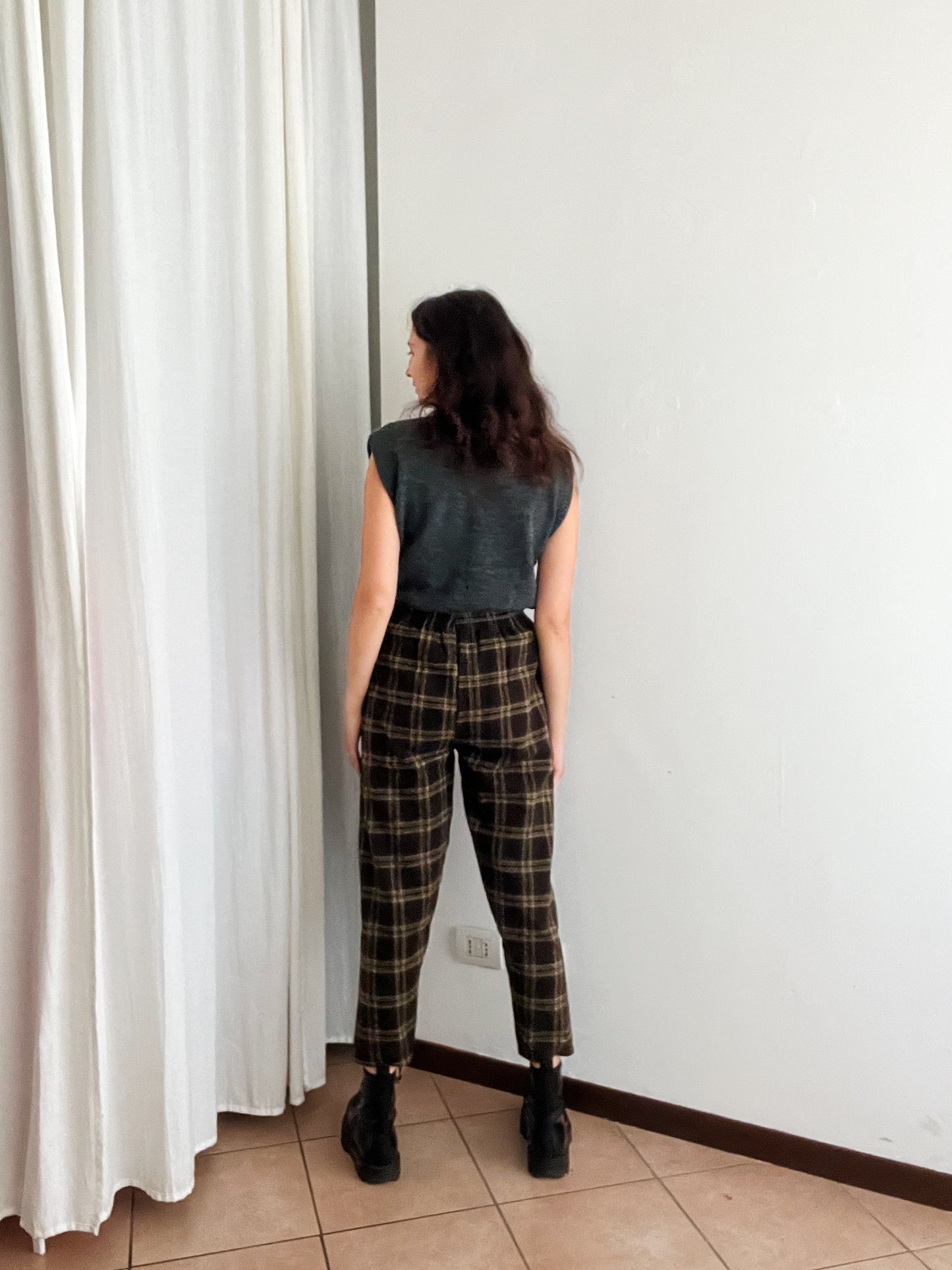 Pantaloni nuovi lana tartan marroni S