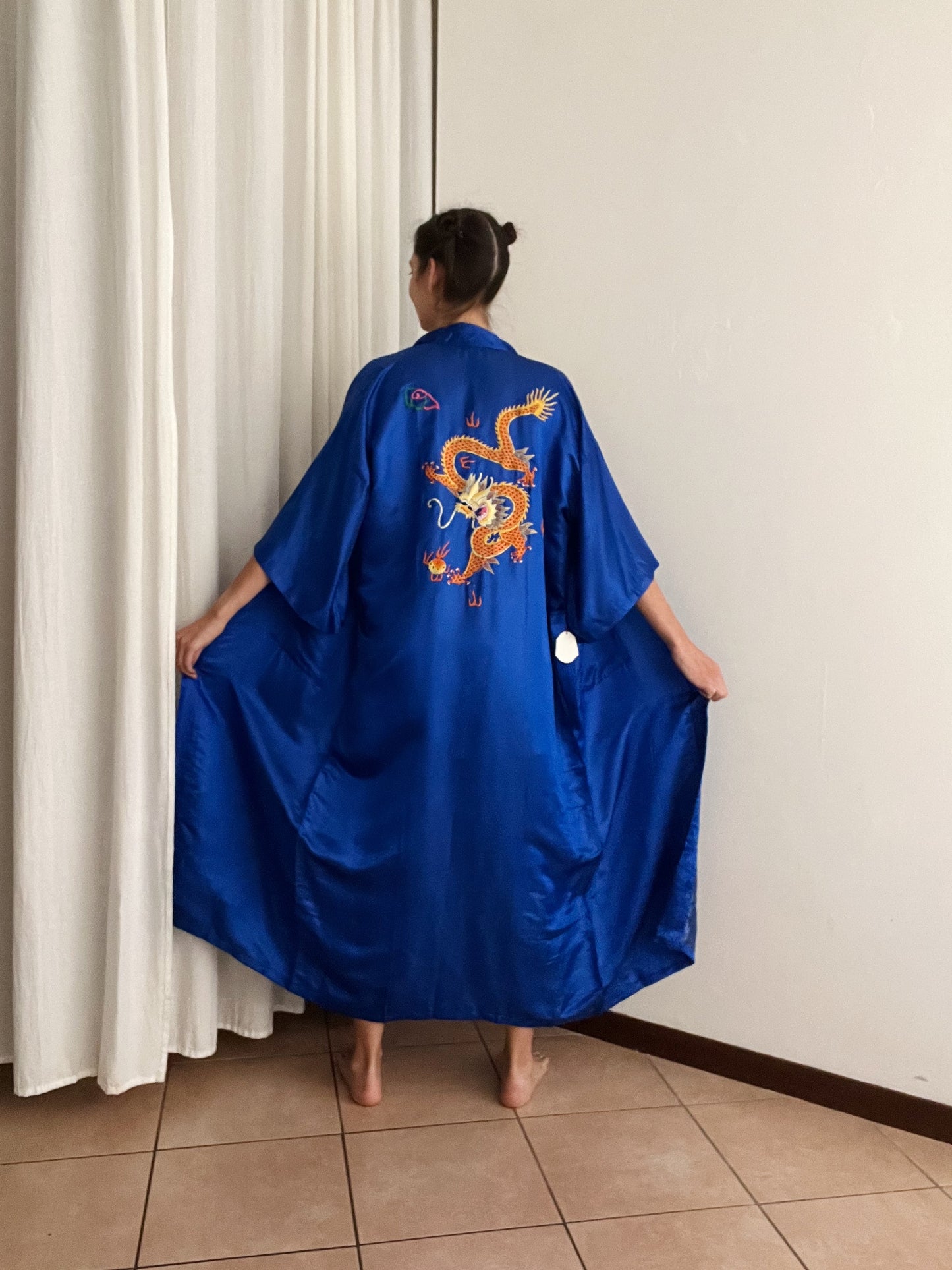 Kimono nuovo seta cinese blu L