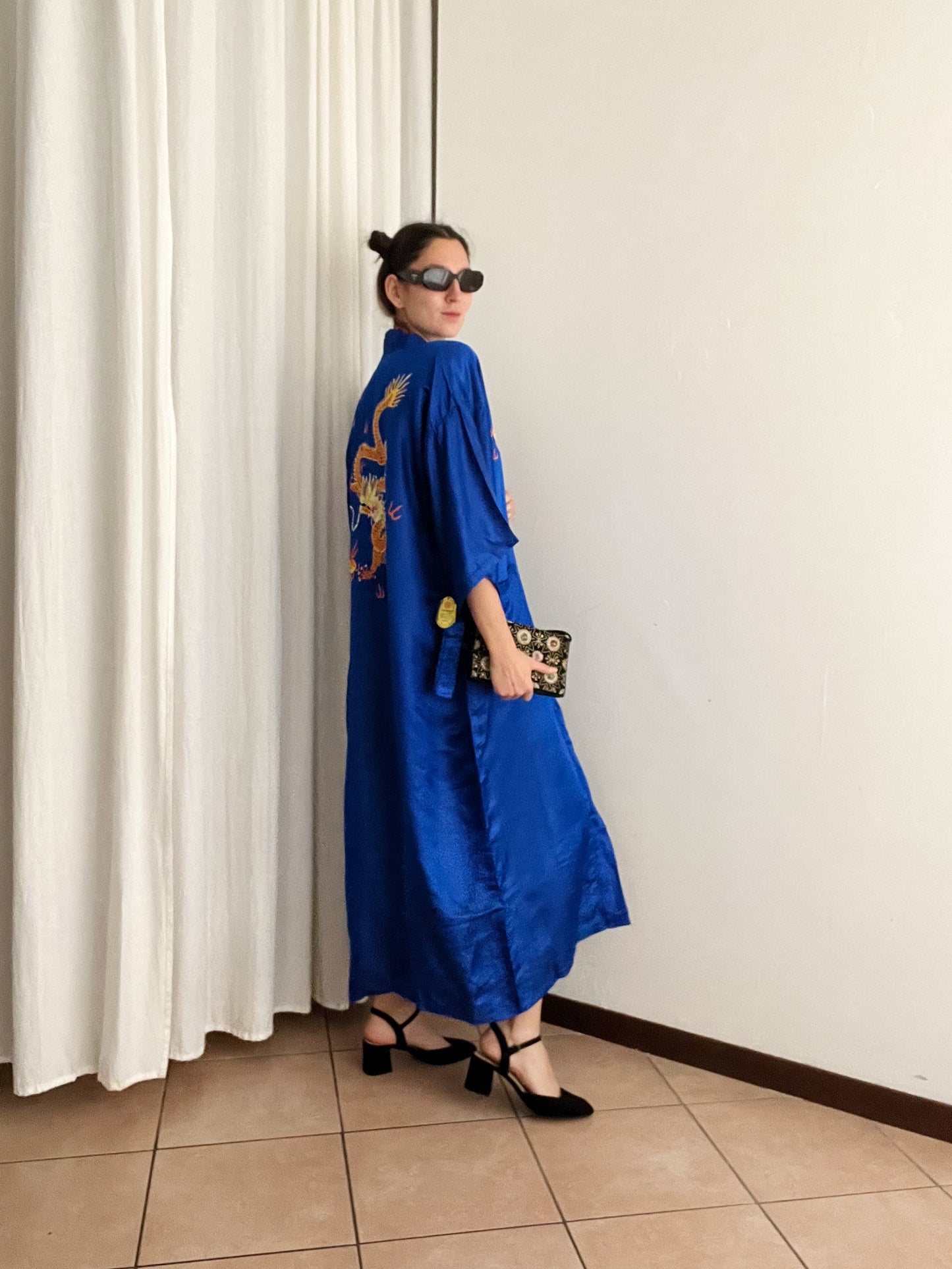 Kimono nuovo seta cinese blu L