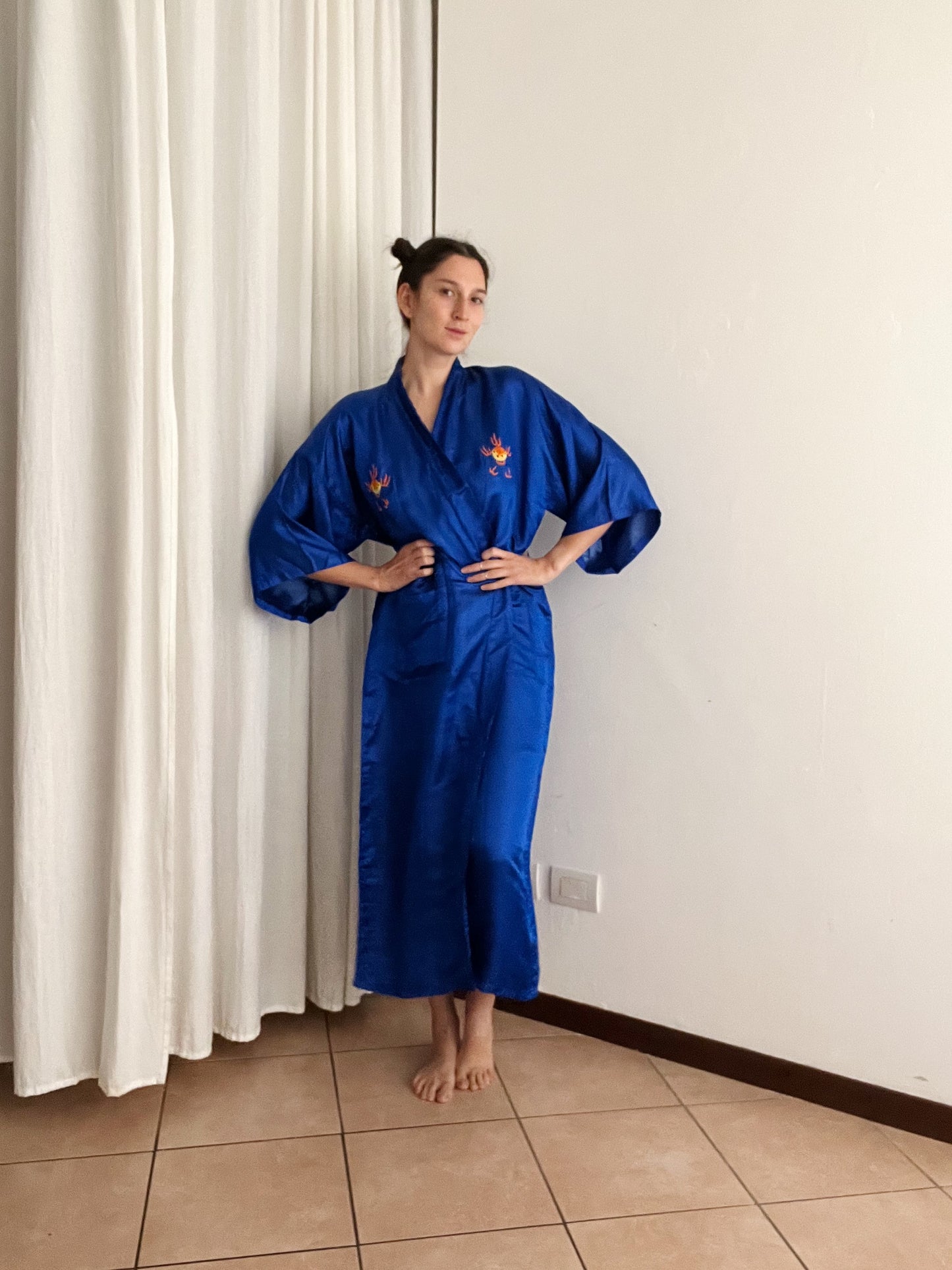 Kimono nuovo seta cinese blu L