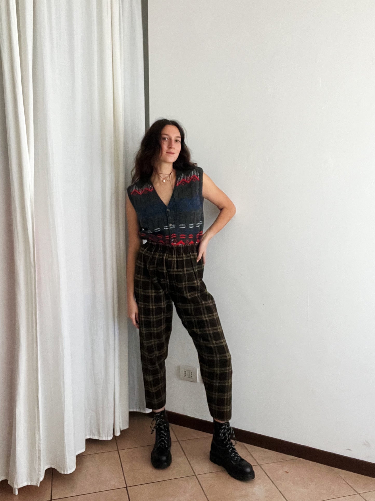 Pantaloni nuovi lana tartan marroni S