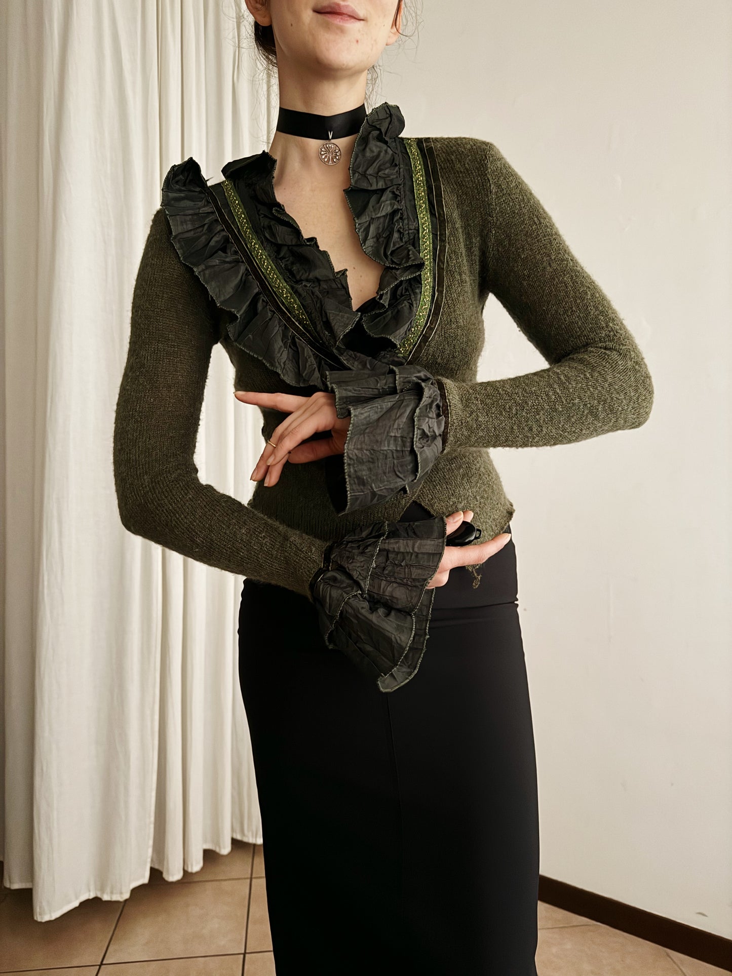 Cardigan verde con rouches S