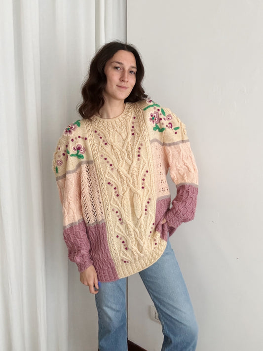 Maxi maglione rosa con ricami XL