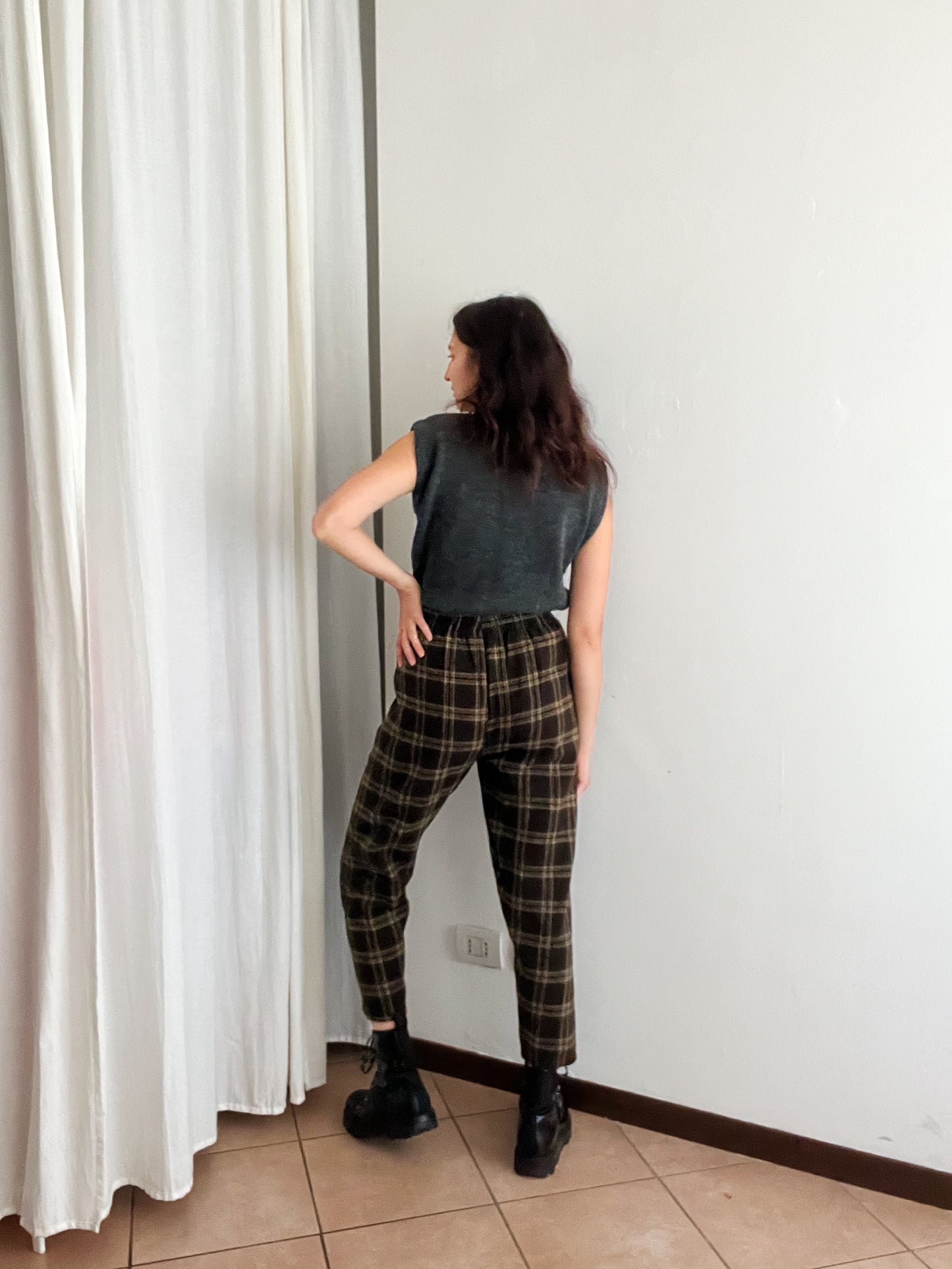 Pantaloni nuovi lana tartan marroni S