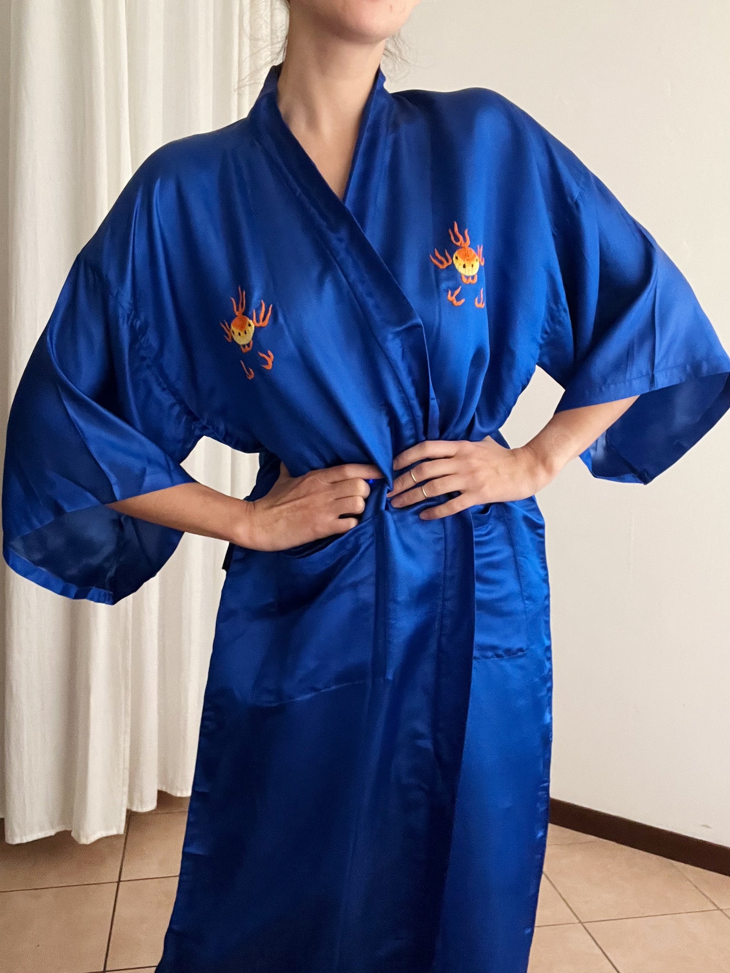 Kimono nuovo seta cinese blu L