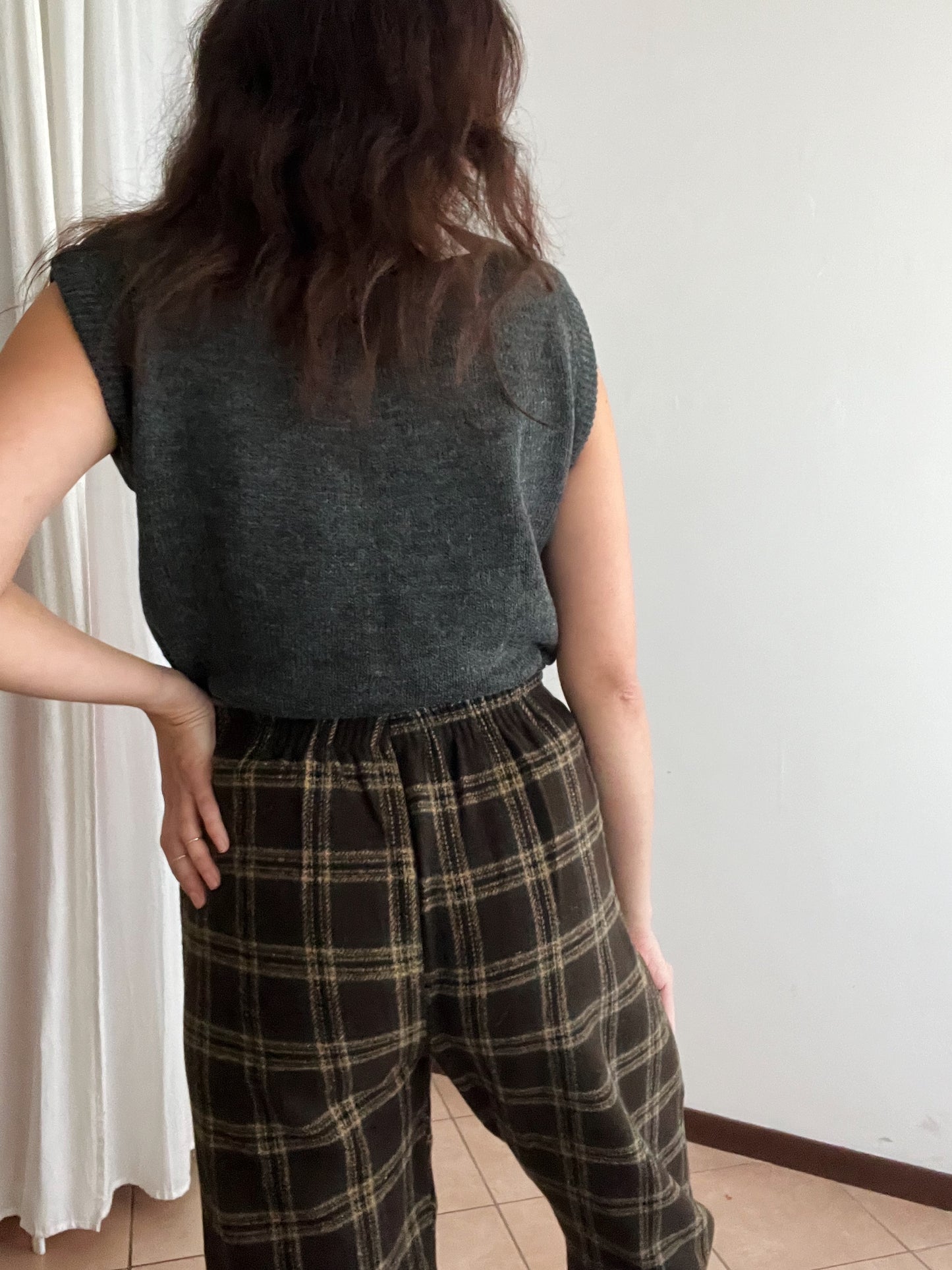 Pantaloni nuovi lana tartan marroni S