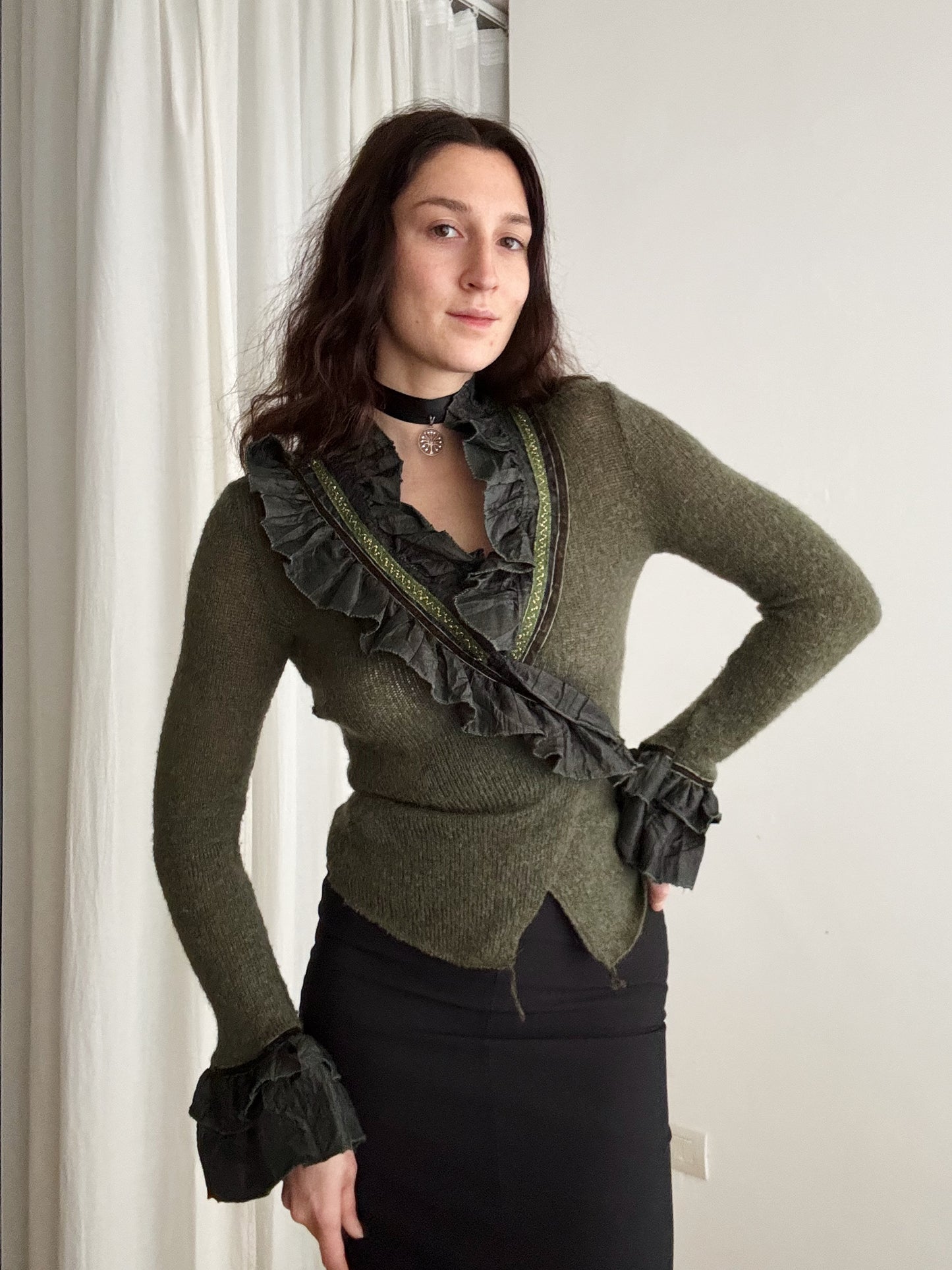 Cardigan verde con rouches S