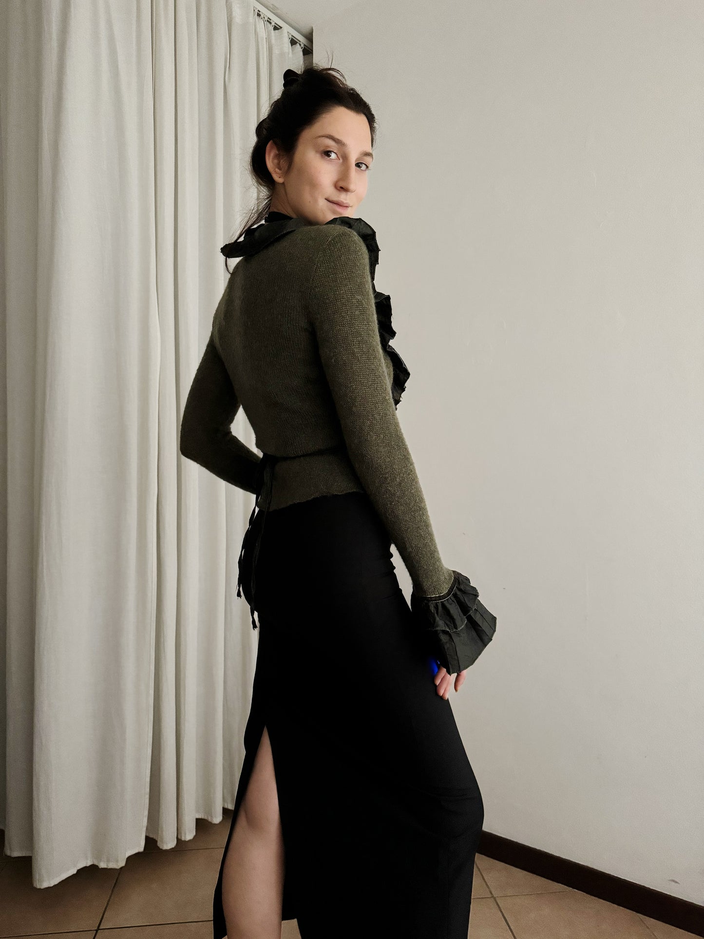 Cardigan verde con rouches S