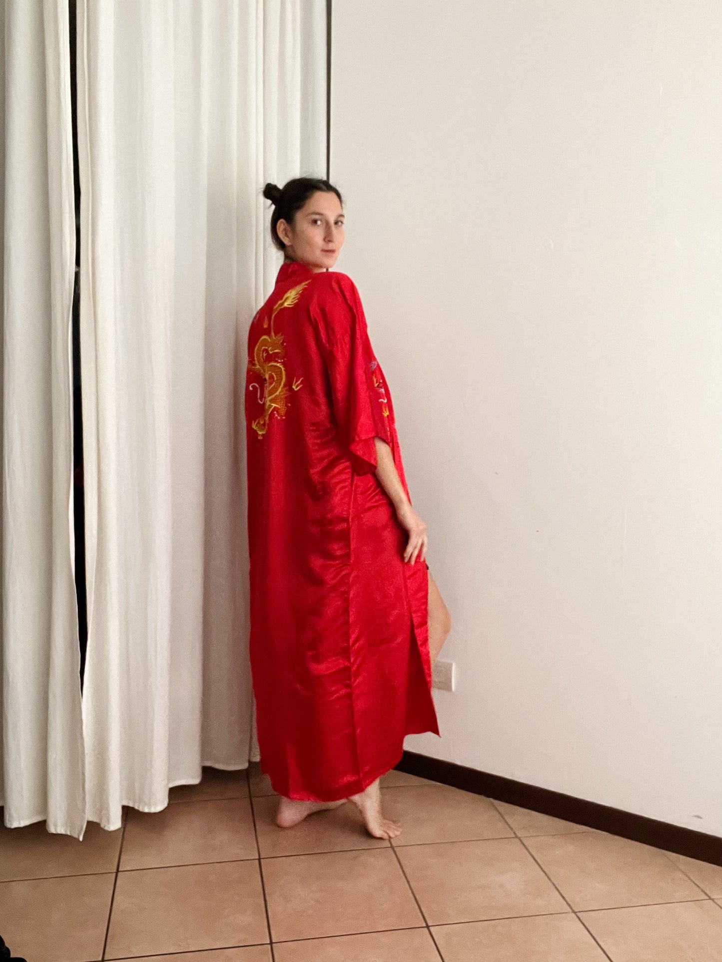 Kimono nuovo seta cinese rosso L