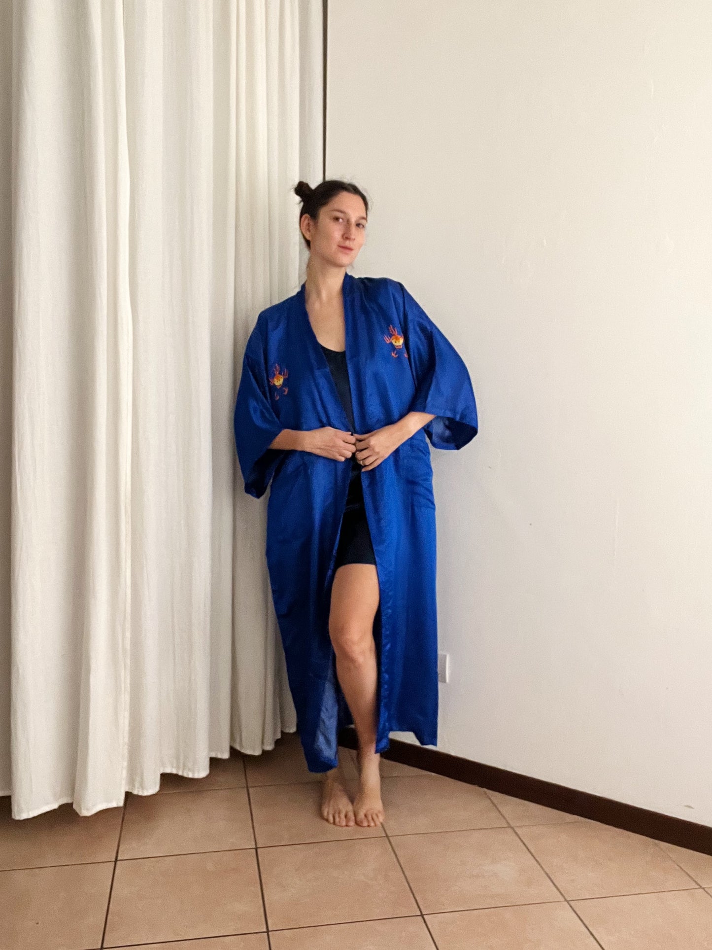 Kimono nuovo seta cinese blu L
