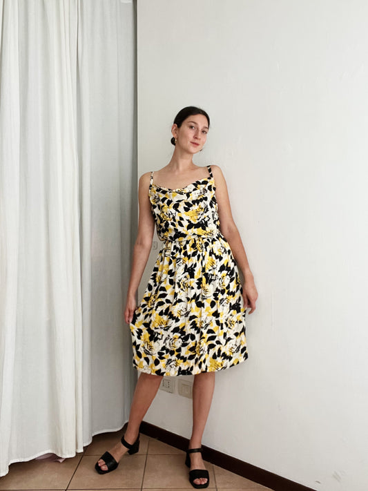 Abito in seta bianco nero giallo XS