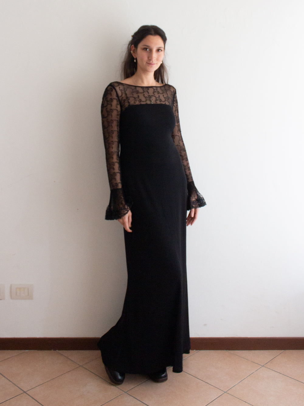 Abito lungo nero maniche pizzo 42