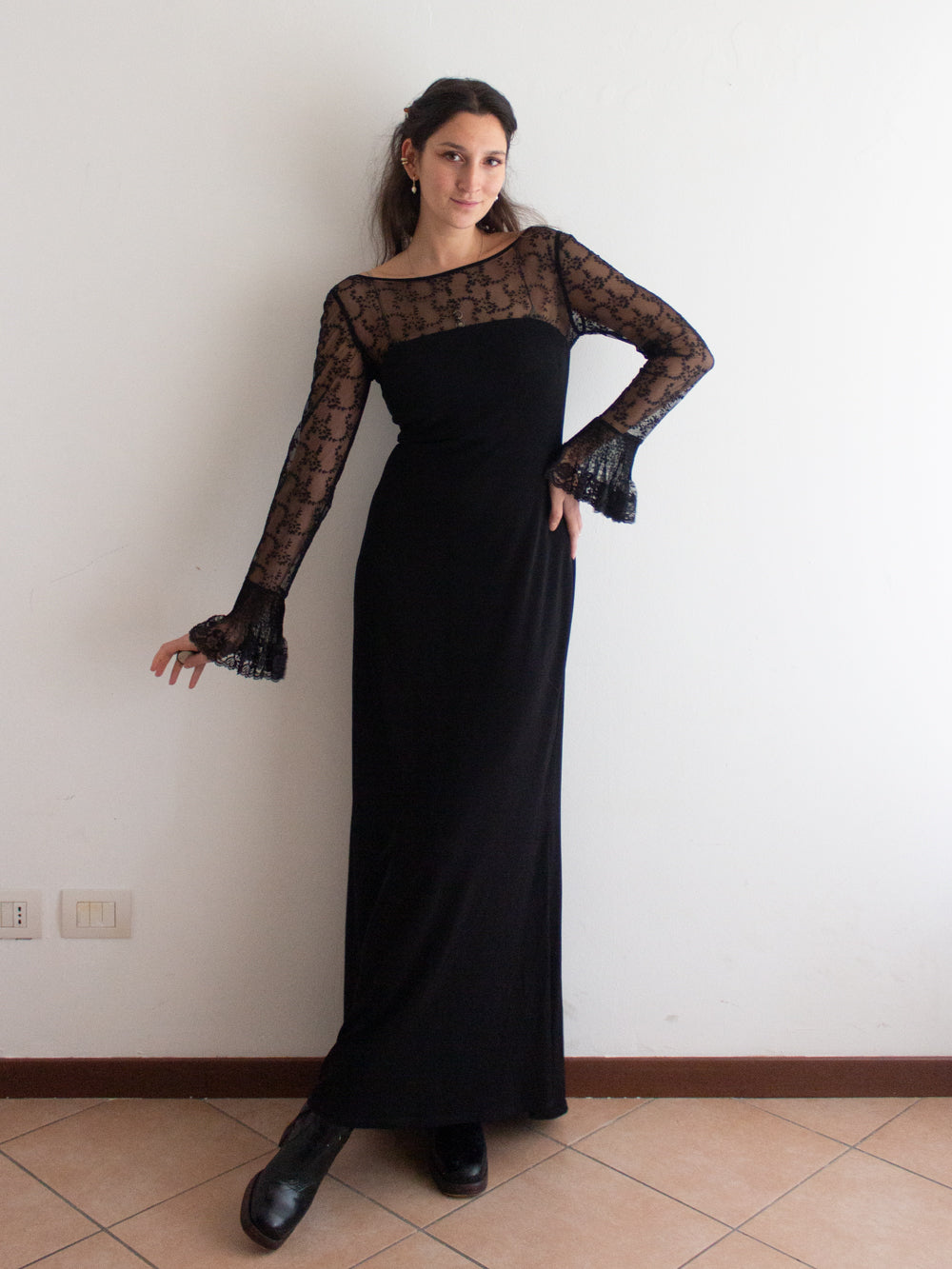 Abito lungo nero maniche pizzo 42