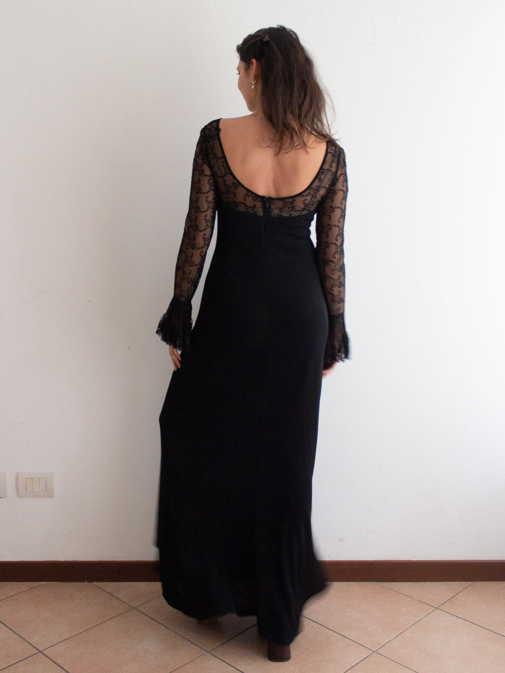 Abito lungo nero maniche pizzo 42