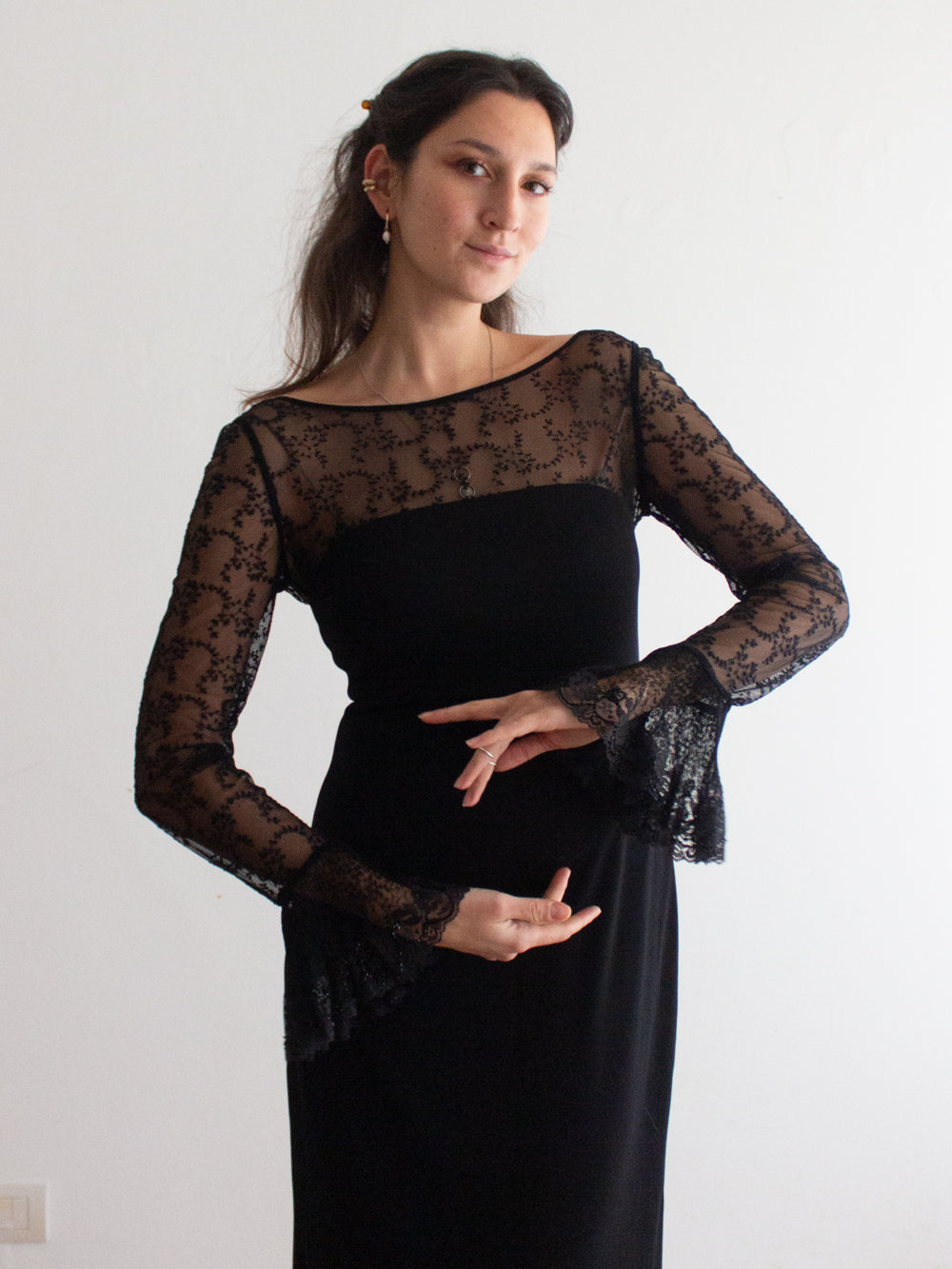 Abito lungo nero maniche pizzo 42