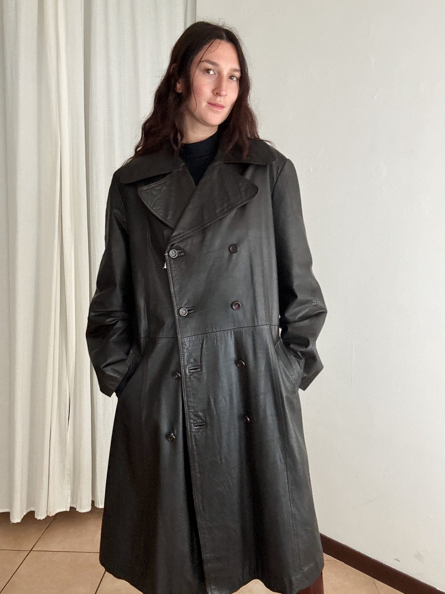Trench in pelle marrone unisex XL
