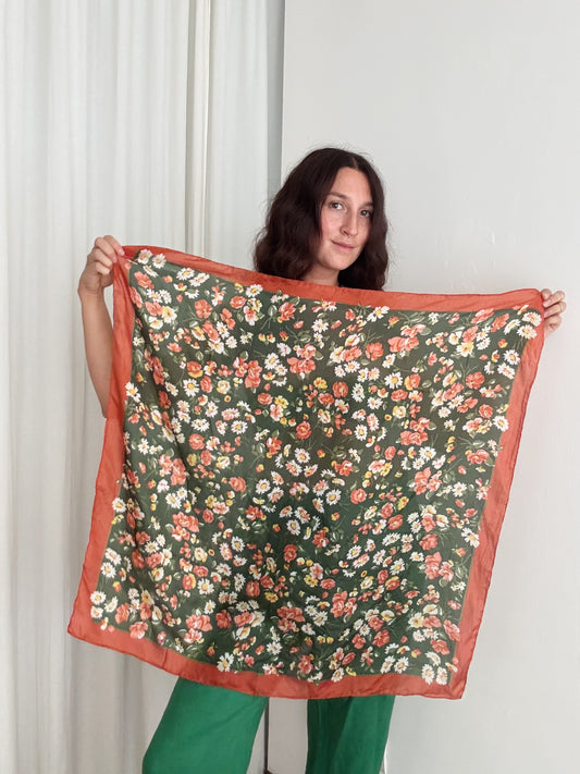 Foulard seta fiori verde 80x80