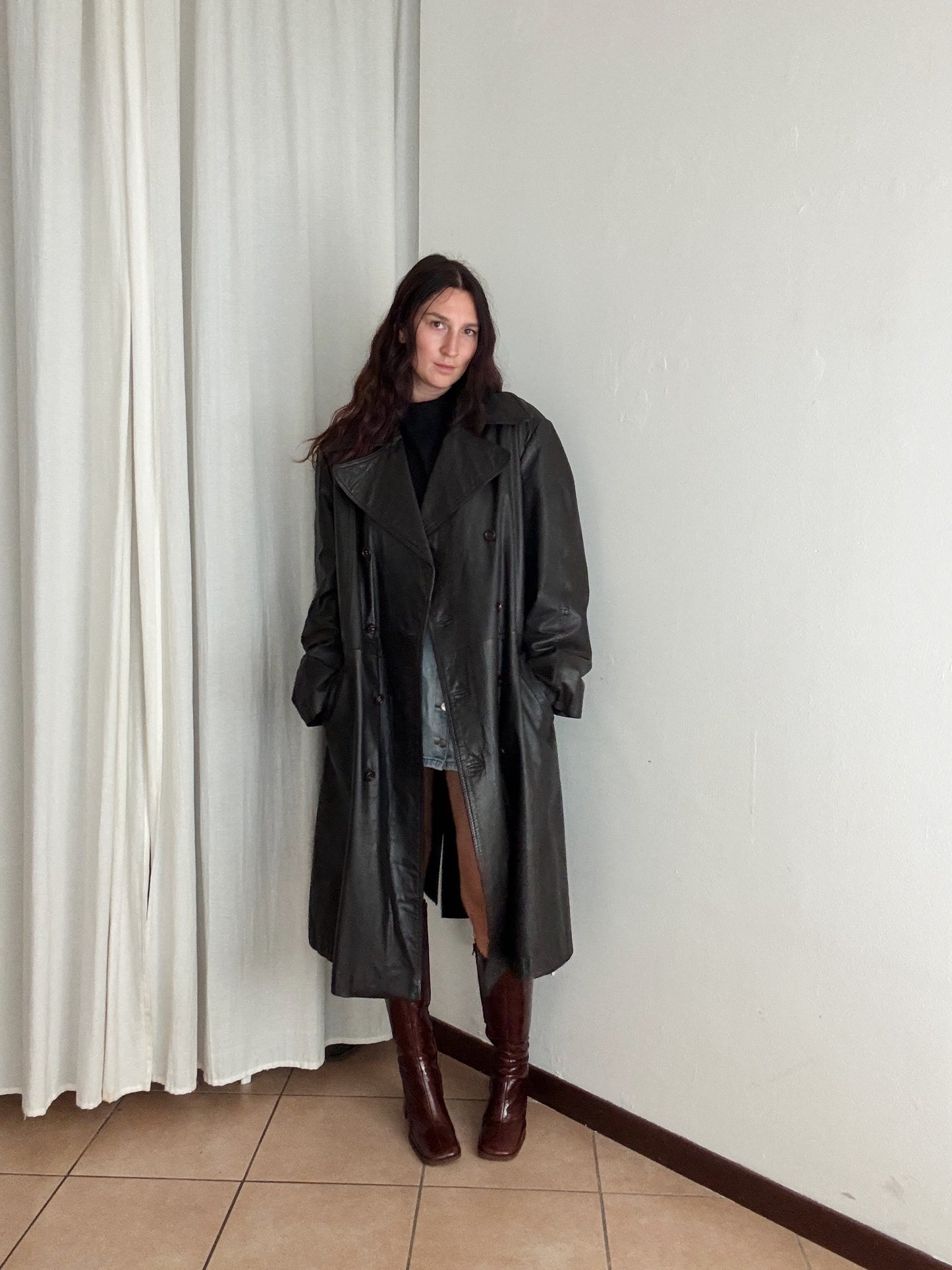 Trench in pelle marrone unisex XL