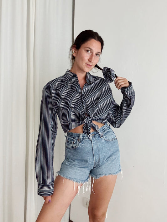 Crop + scrunchie a righe grigie blu