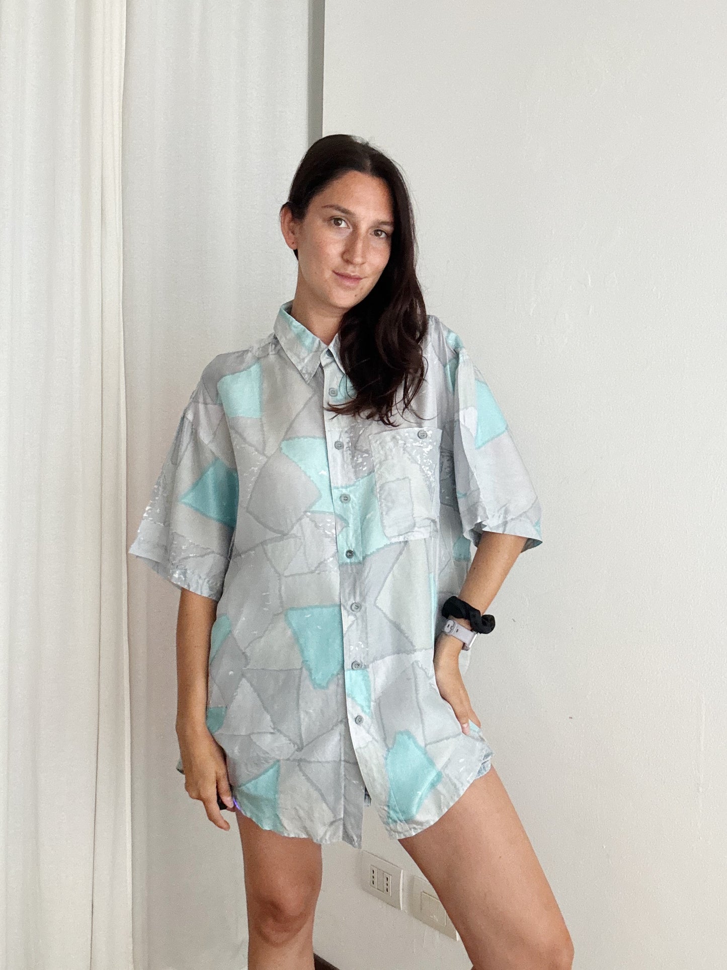 Camicia da uomo in seta grigia azzurra L