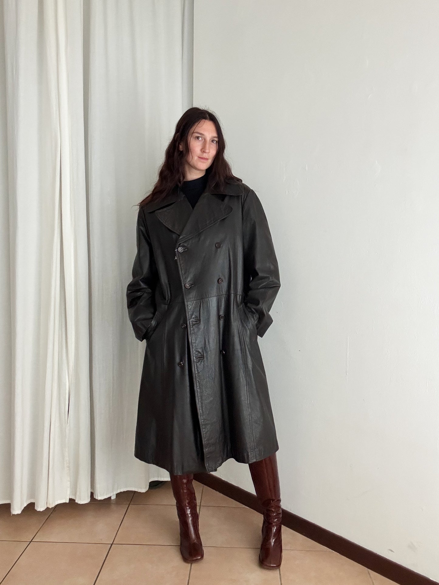 Trench in pelle marrone unisex XL