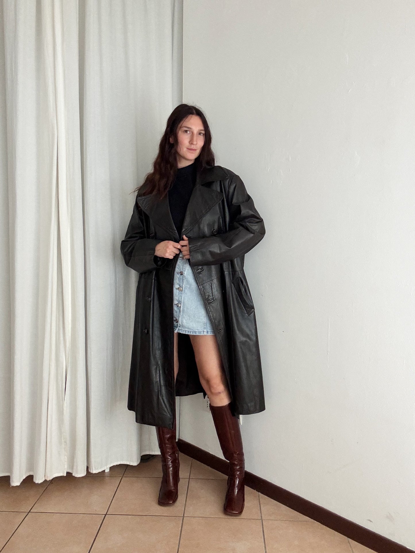 Trench in pelle marrone unisex XL